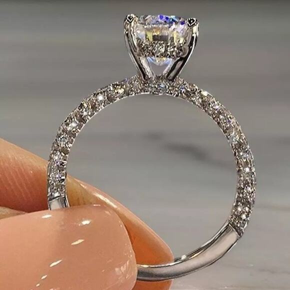 New Sz 6 Silver Cubic Zirconia Solitaire Ring Micro‎ Pave Engagement Promise - Picture 1 of 3
